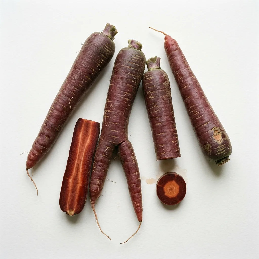 Carottes Longue Rouge Sang : racines coniques de 20 cm à peau rouge violacé, avec une coupe montrant la chair rouge orangé et son cœur pâle — SemiSauvage