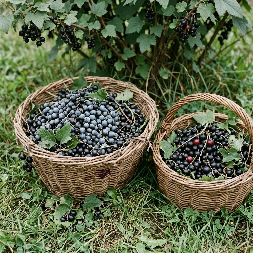 茂みの根元で柳編みの籠にクロスグリを収穫 — SemiSauvage