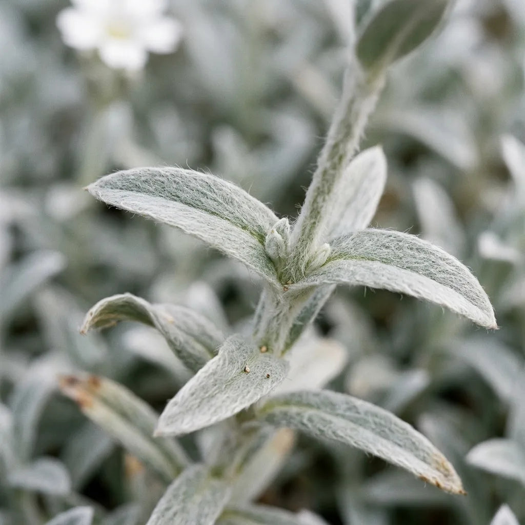 Feuillage du céraiste : feuilles opposées linéaires entièrement couvertes d'un feutrage blanc laineux — SemiSauvage