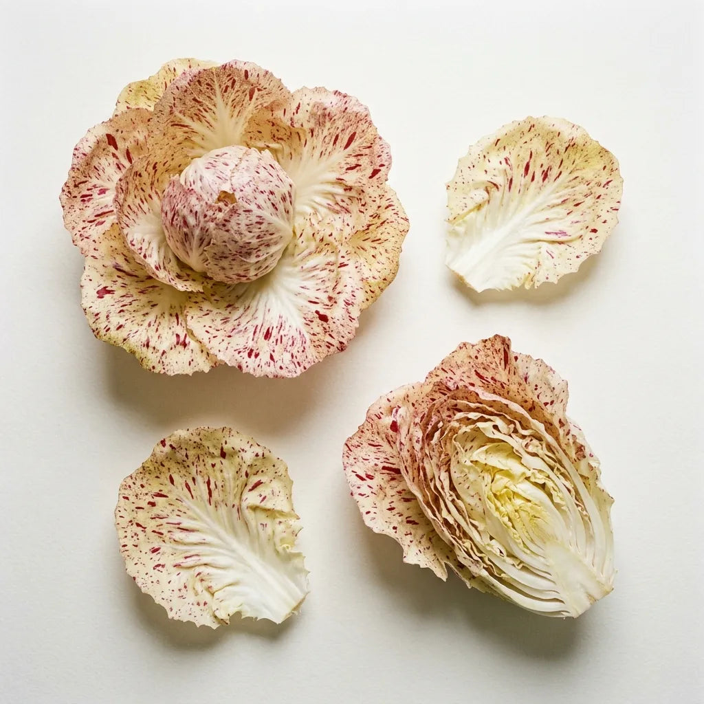 Pommes de chicorée Di Castelfranco : rosettes ouvertes blanc crème mouchetées de rouge et de violet, avec une coupe, sur fond blanc — SemiSauvage