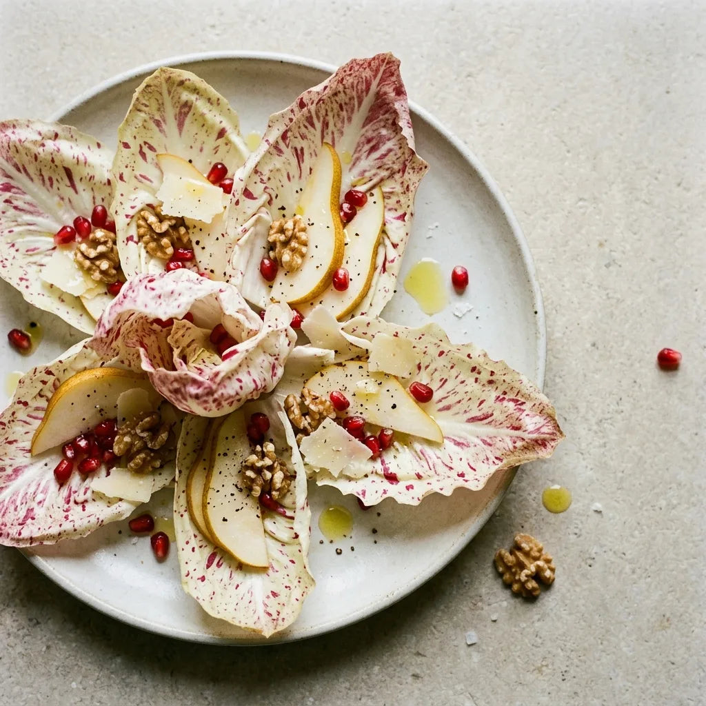 Salade composée aux feuilles de chicorée Di Castelfranco, poire, noix, grenade et copeaux de fromage — SemiSauvage