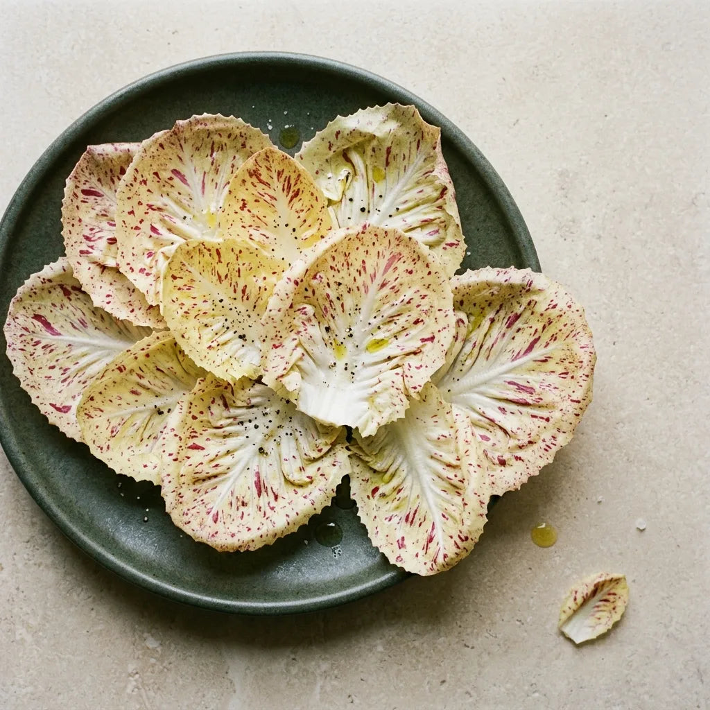 Salade de feuilles crues de Di Castelfranco à l'huile d'olive et à la fleur de sel, sur assiette de grès sombre — SemiSauvage