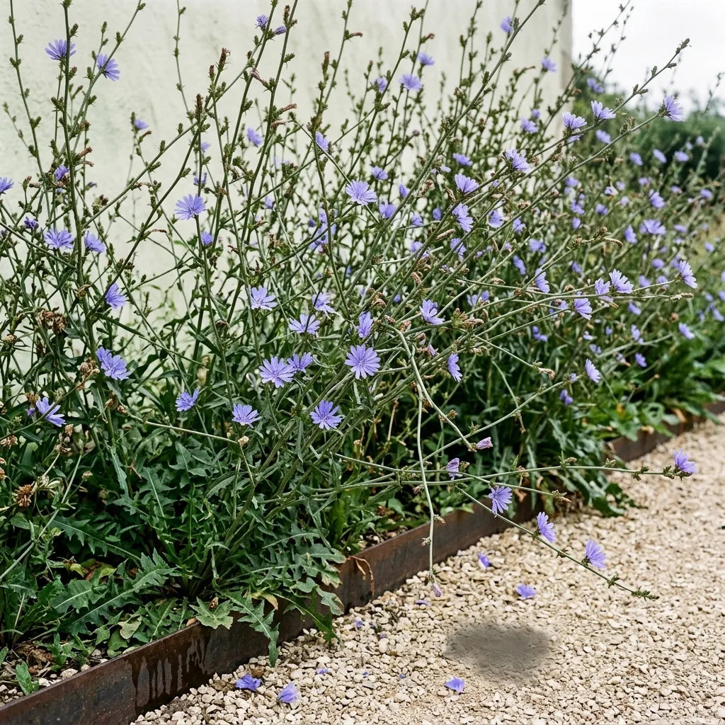 Bordure de chicorée sauvage en fleurs au jardin, hautes tiges raides et ramifiées semees de capitules bleus — SemiSauvage