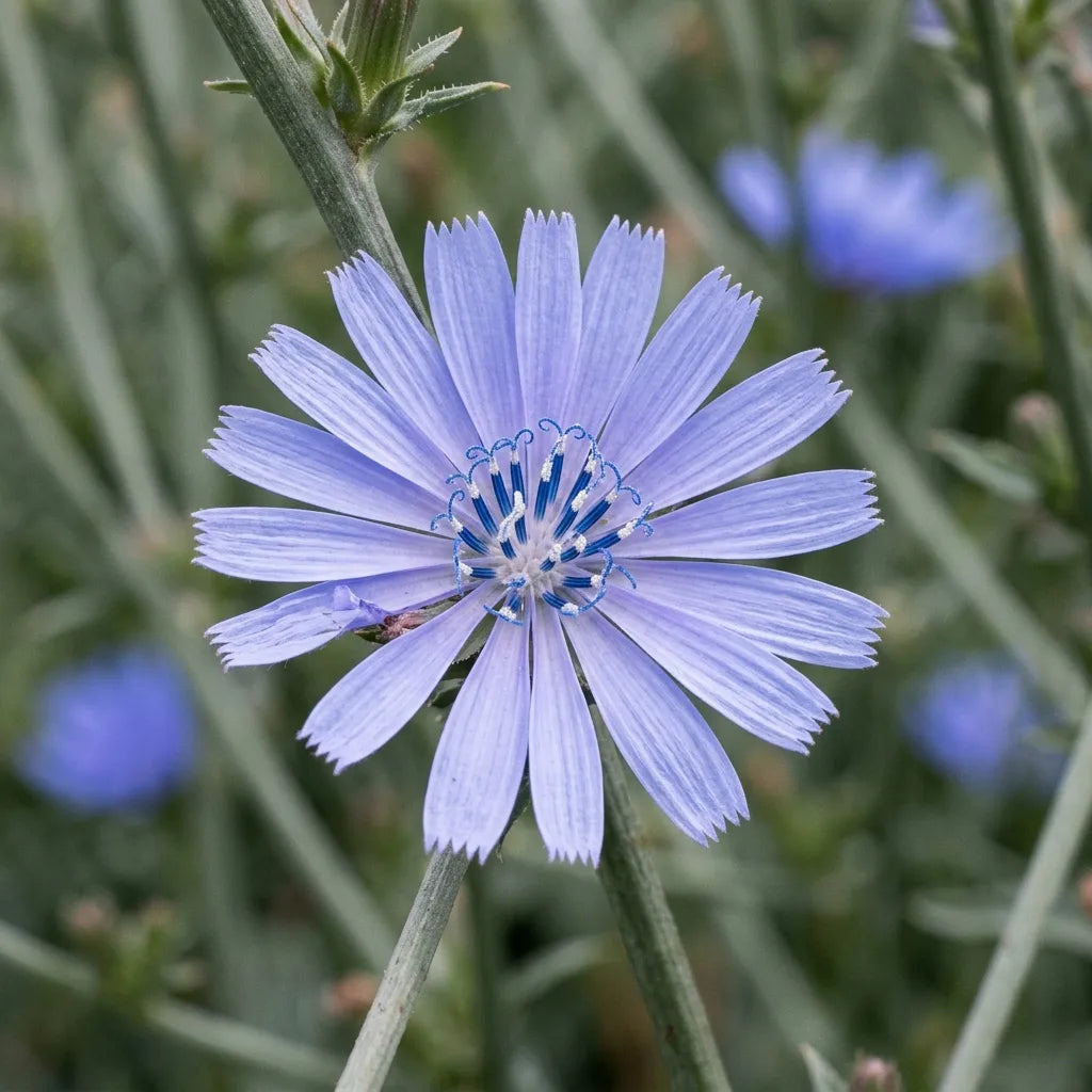 Macro d'un capitule de chicorée sauvage : ligules bleues terminées par cinq dents et styles fourchus chargés de pollen — SemiSauvage