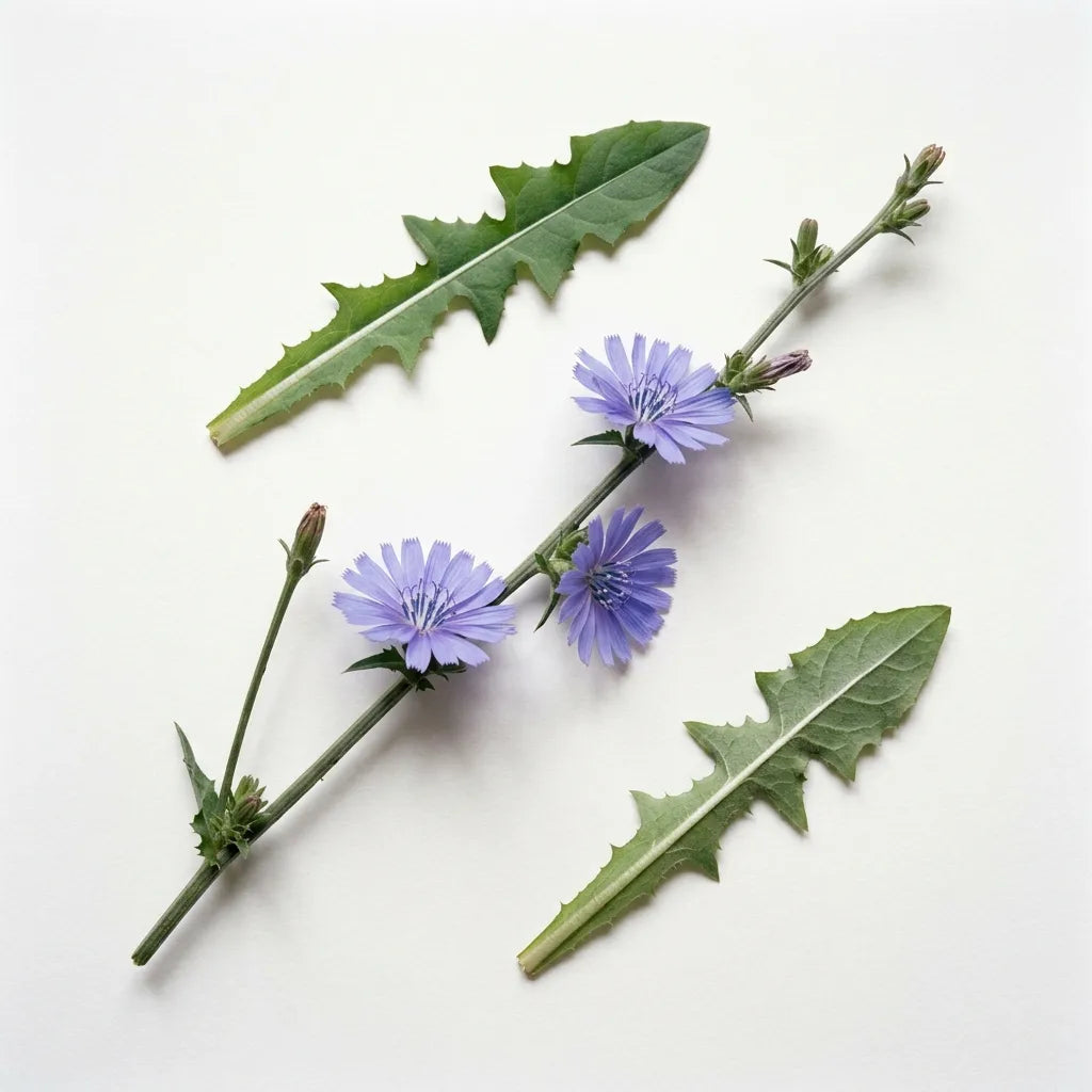Chicorée sauvage : rameau à capitules bleus presque assis sur la tige et feuilles basales roncinées, sur fond blanc — SemiSauvage