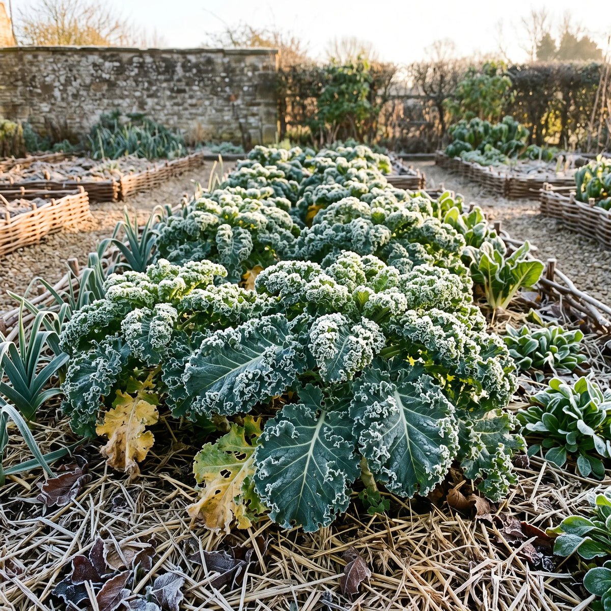 Chou kale demi-nain couvert de givre au potager en hiver