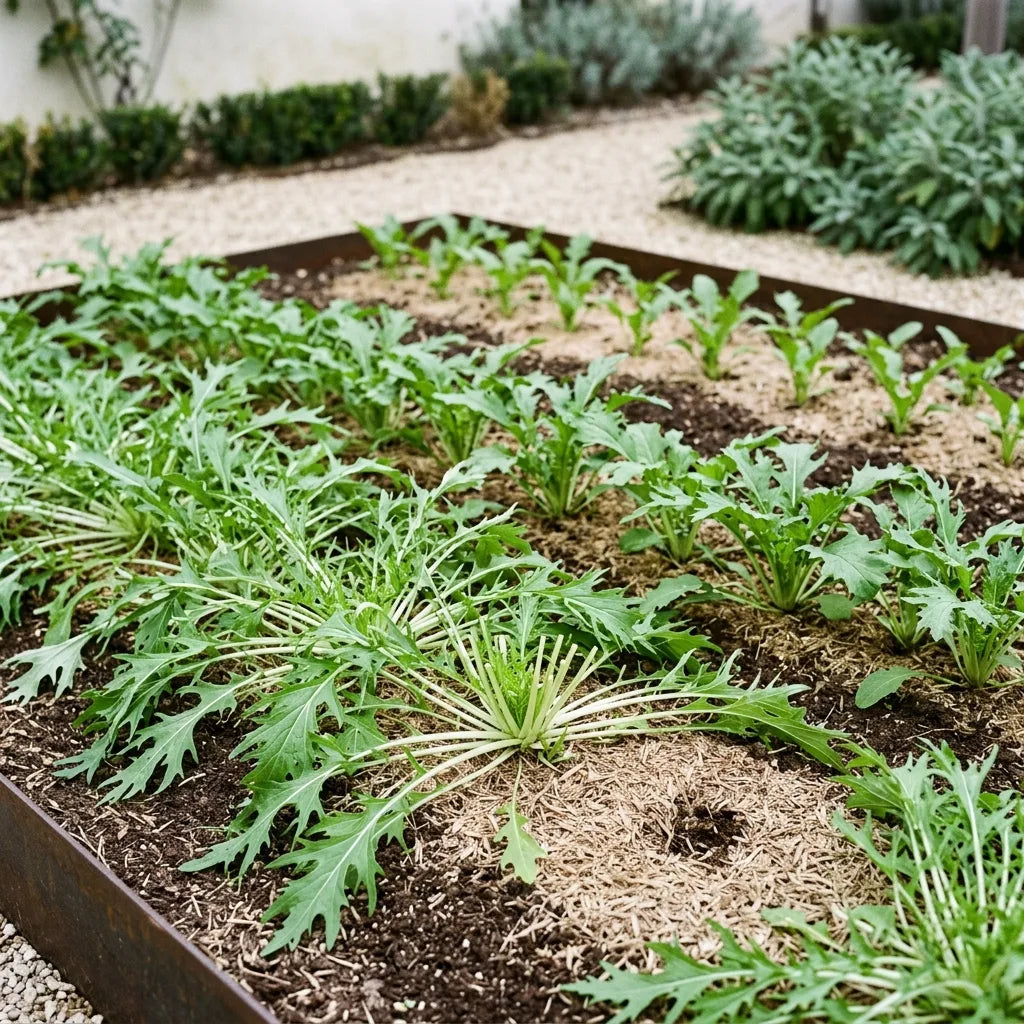 Planche de mizuna semée en rangs, culture intercalaire d'arrière-saison — SemiSauvage