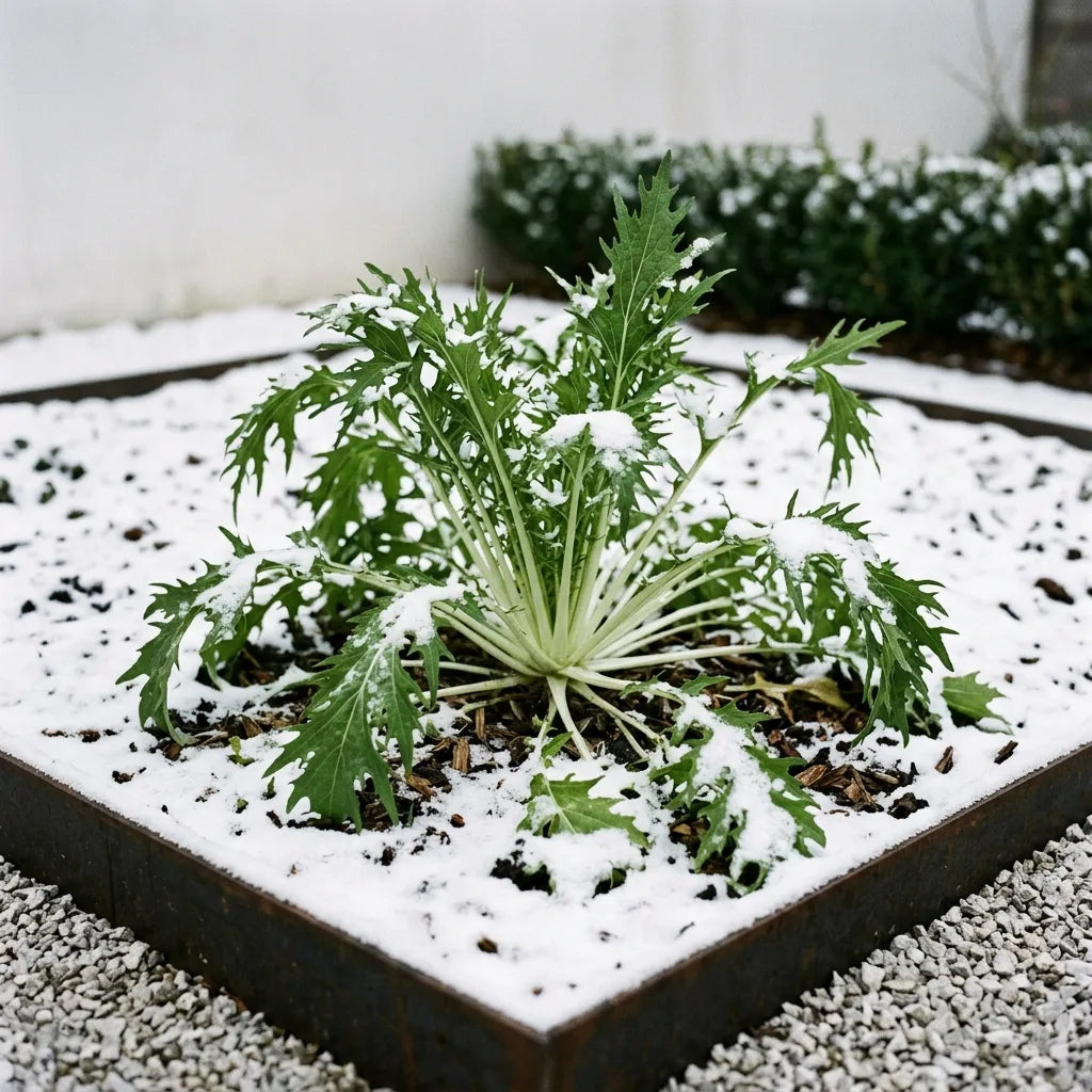 Touffe de mizuna sous une légère neige, salade d'hiver rustique jusqu'à -12 °C — SemiSauvage