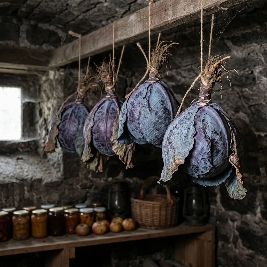 Choux rouges suspendus par la racine en cave pour la conservation d'hiver — SemiSauvage