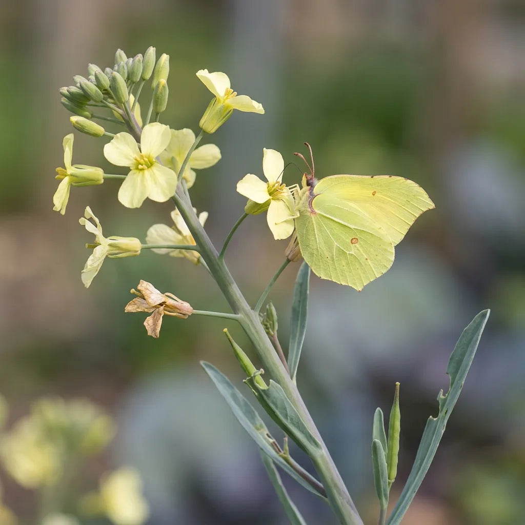 Chou rouge porté-graines monté à fleurs jaunes visité par un papillon Citron — SemiSauvage