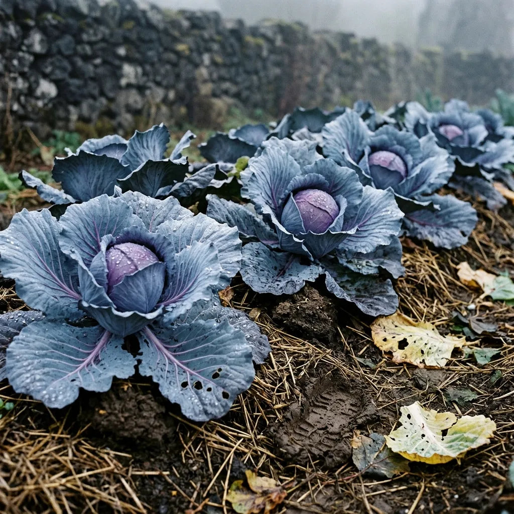 Rang de choux rouges au potager en fin d'automne, rosée perlée sur la pruine — SemiSauvage