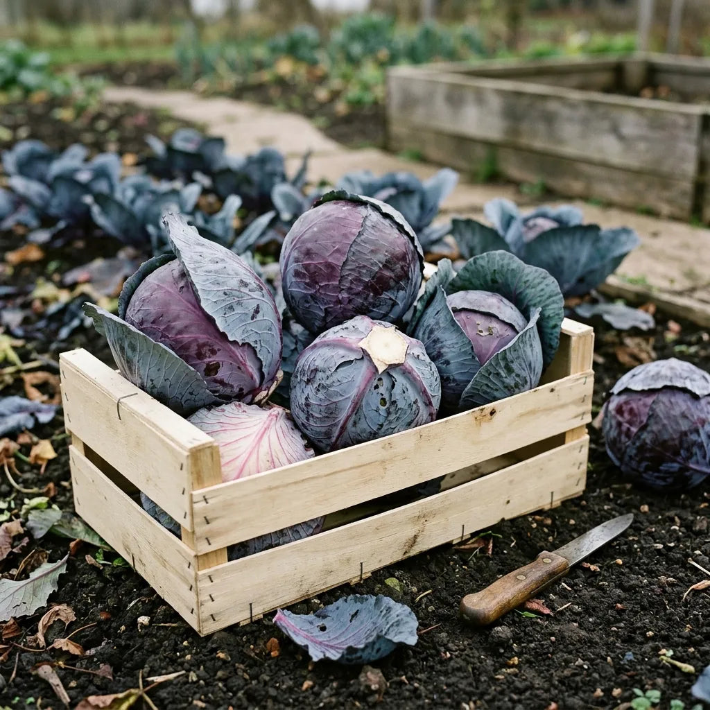 Récolte de choux rouges en cagette de bois clair au potager — SemiSauvage