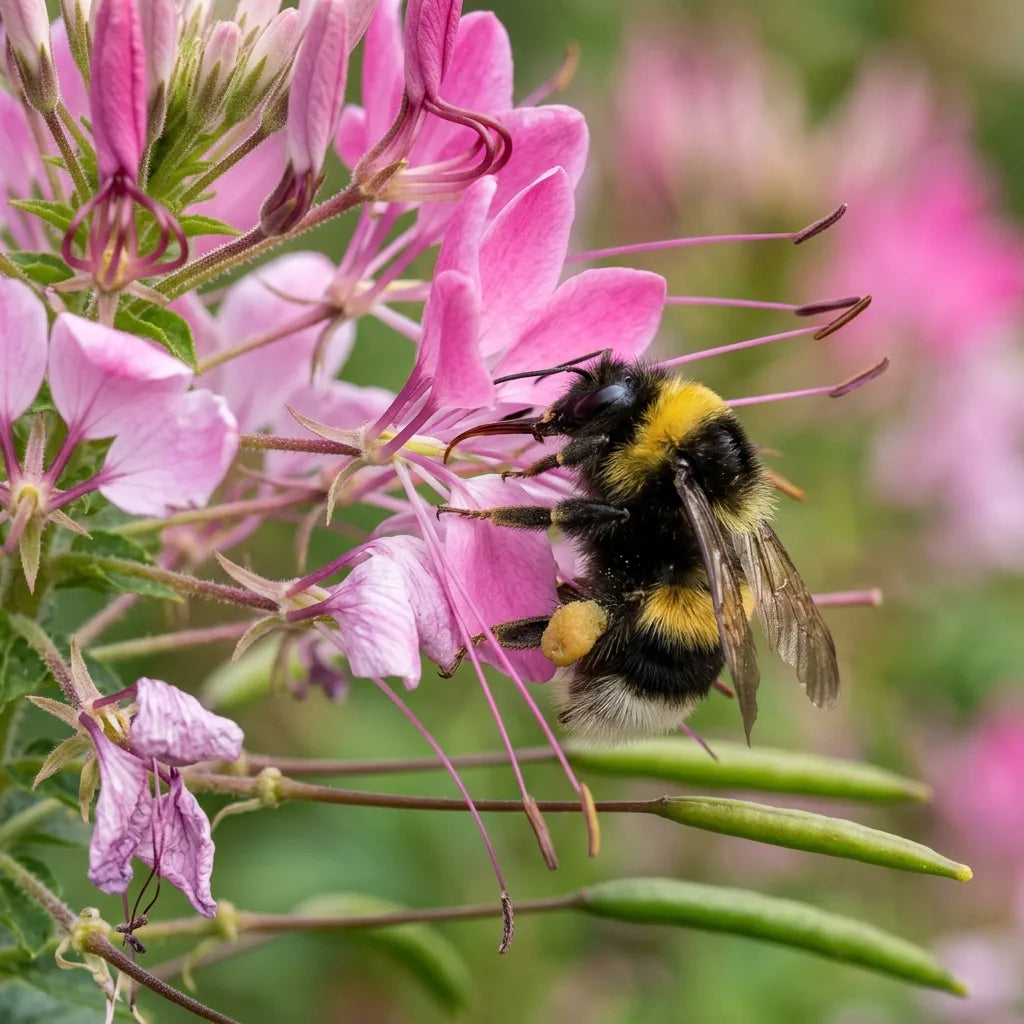 ピンクのクレオメの花で蜜を集めるマルハナバチ — SemiSauvage