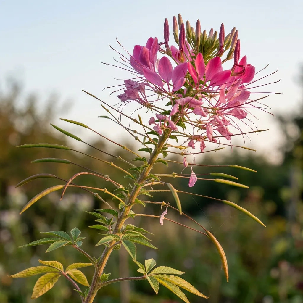 伸びていくピンクのクレオメの花序:上部に蕾、中央に花、下部に莢 — SemiSauvage