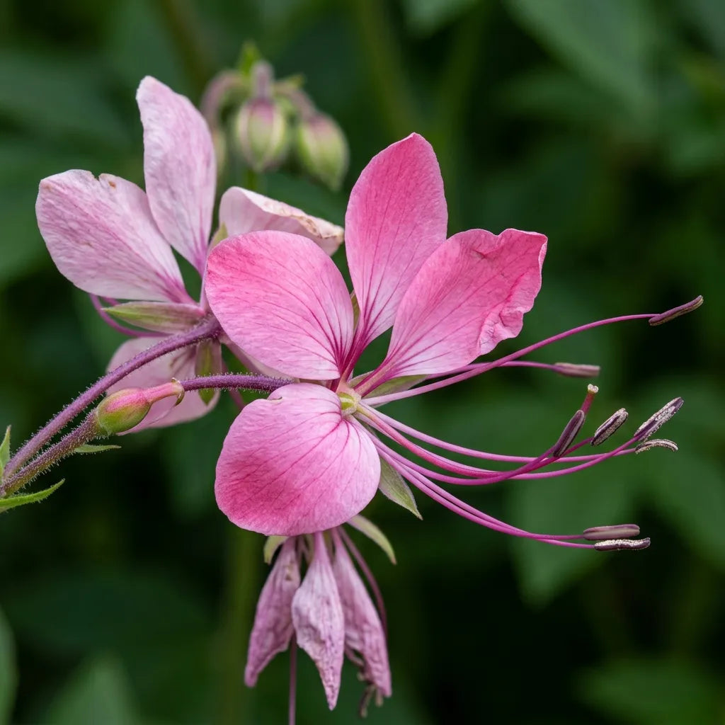 ピンクのクレオメの花のマクロ撮影:4枚の花弁と、濃色の葯を持つピンクから紫色の雄しべ — SemiSauvage