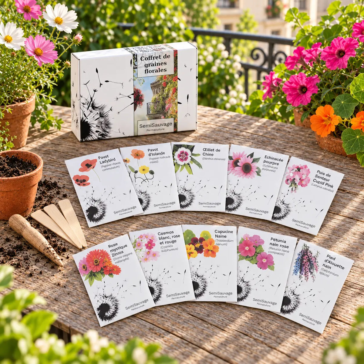 Coffret de graines florales SemiSauvage et ses dix sachets sur une table de balcon fleuri.