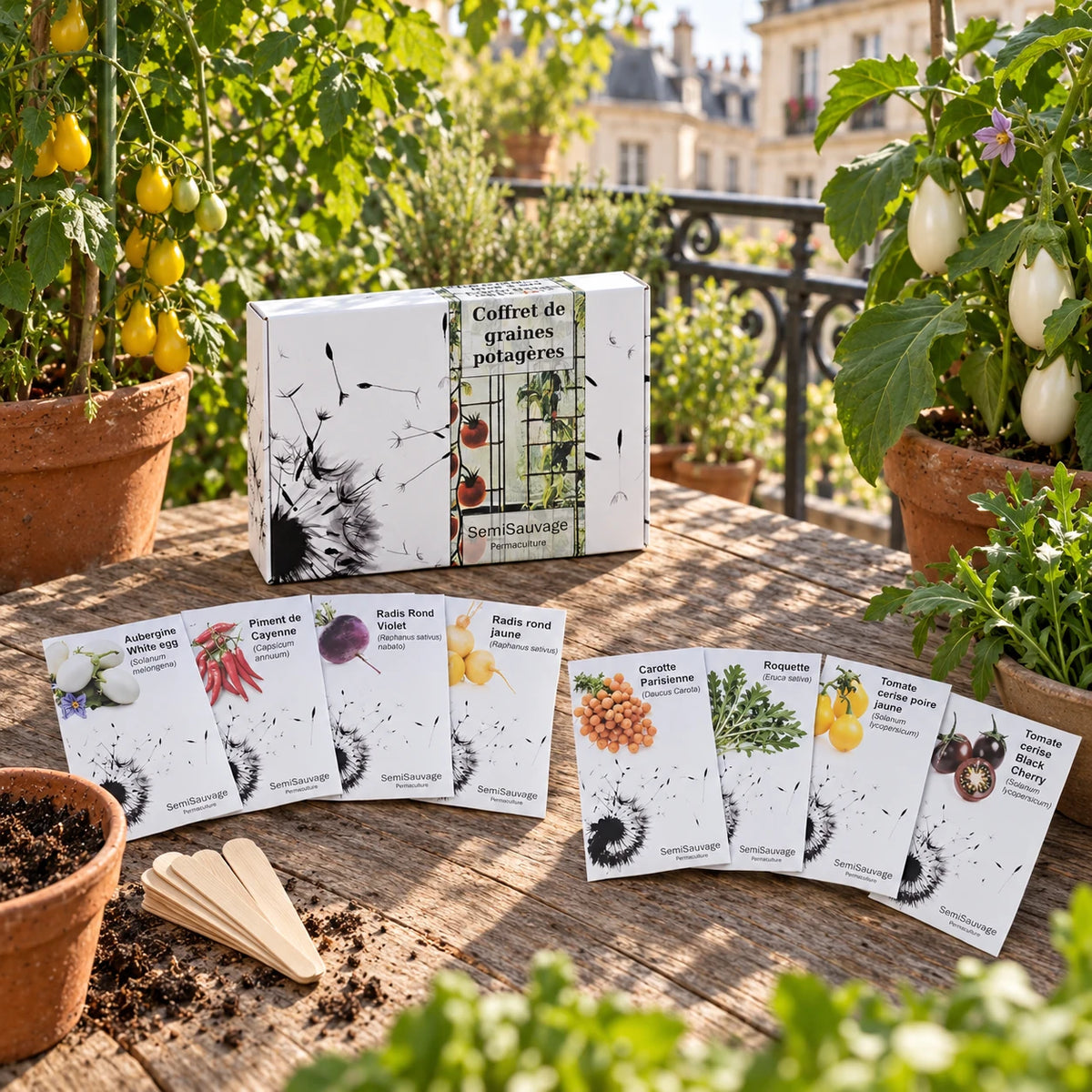 Coffret potager et huit sachets sur une table de balcon, avec tomates jaunes et aubergines blanches en pots.