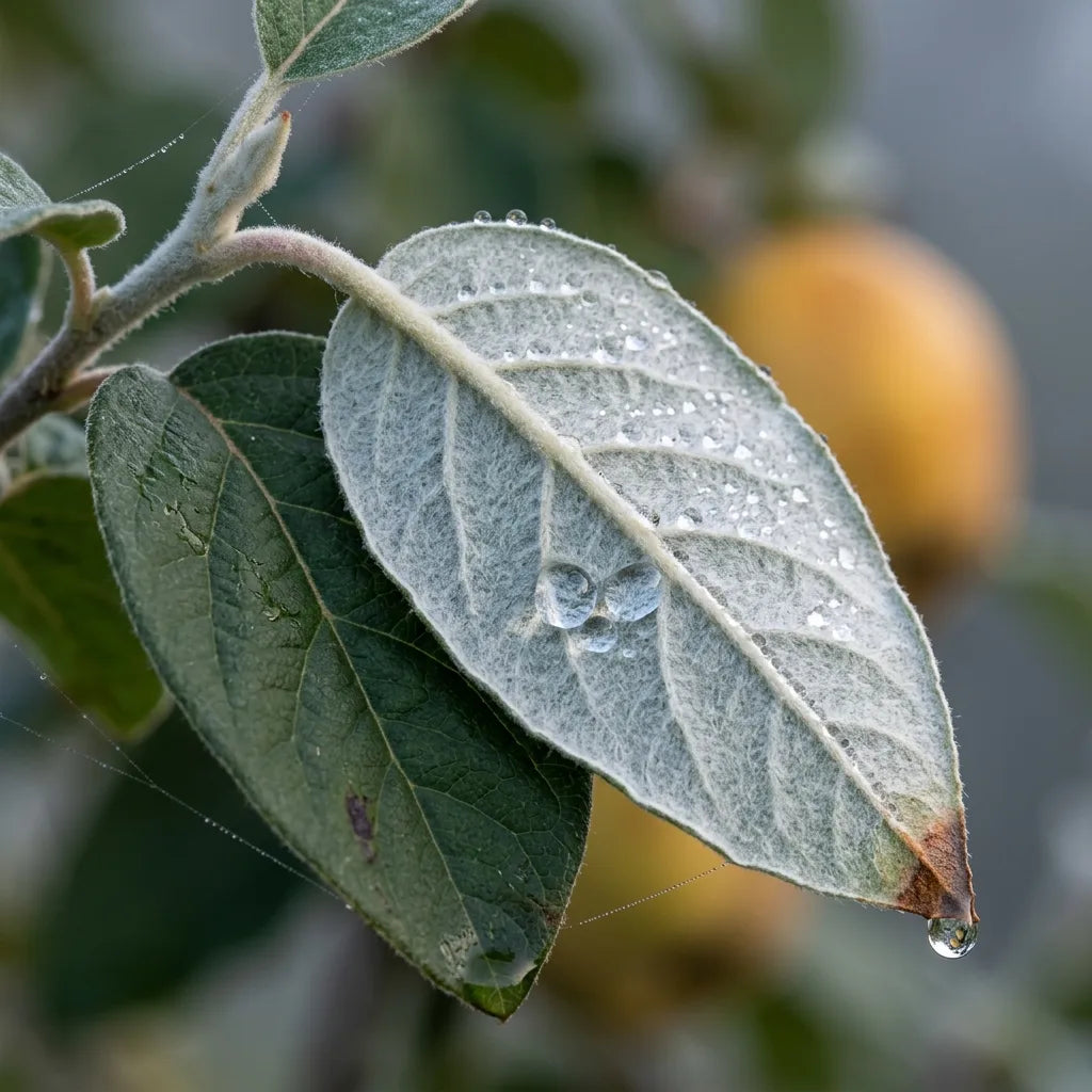 Macro du revers blanc laineux d'une feuille de cognassier, avec rosée — SemiSauvage
