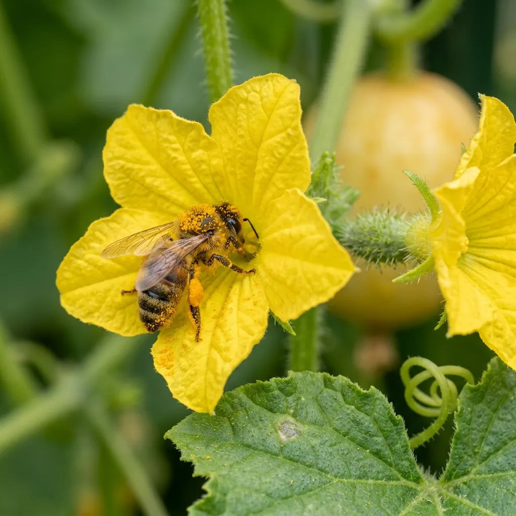 レモンキュウリの雄花で花粉を集めるミツバチ - SemiSauvage