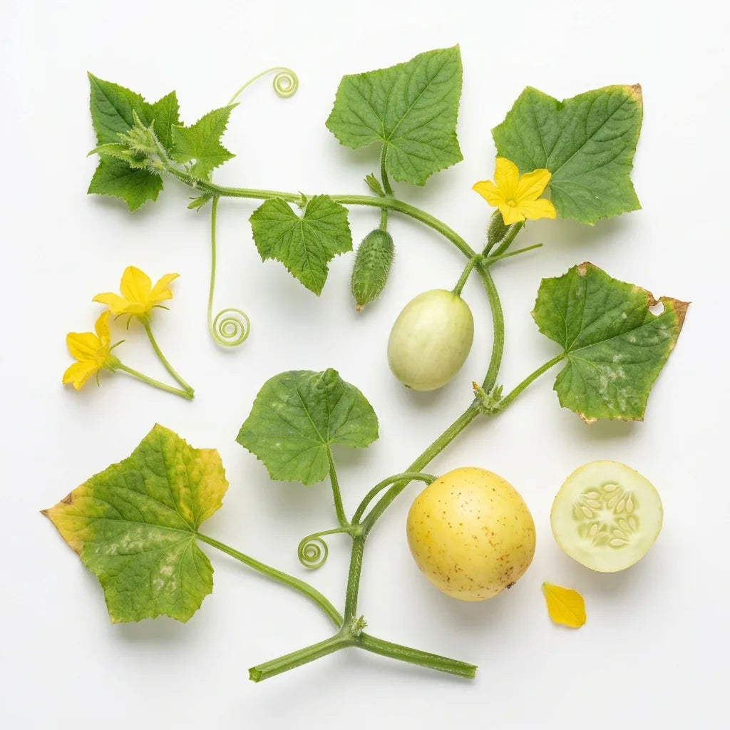 Rameau fructifère de concombre citron (Cucumis sativus) avec fleurs et fruit coupé, sur fond blanc — SemiSauvage