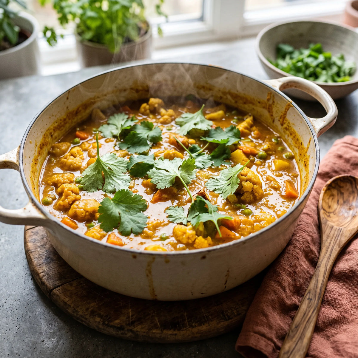 Feuilles fraîches de coriandre ajoutées hors du feu sur un curry de légumes