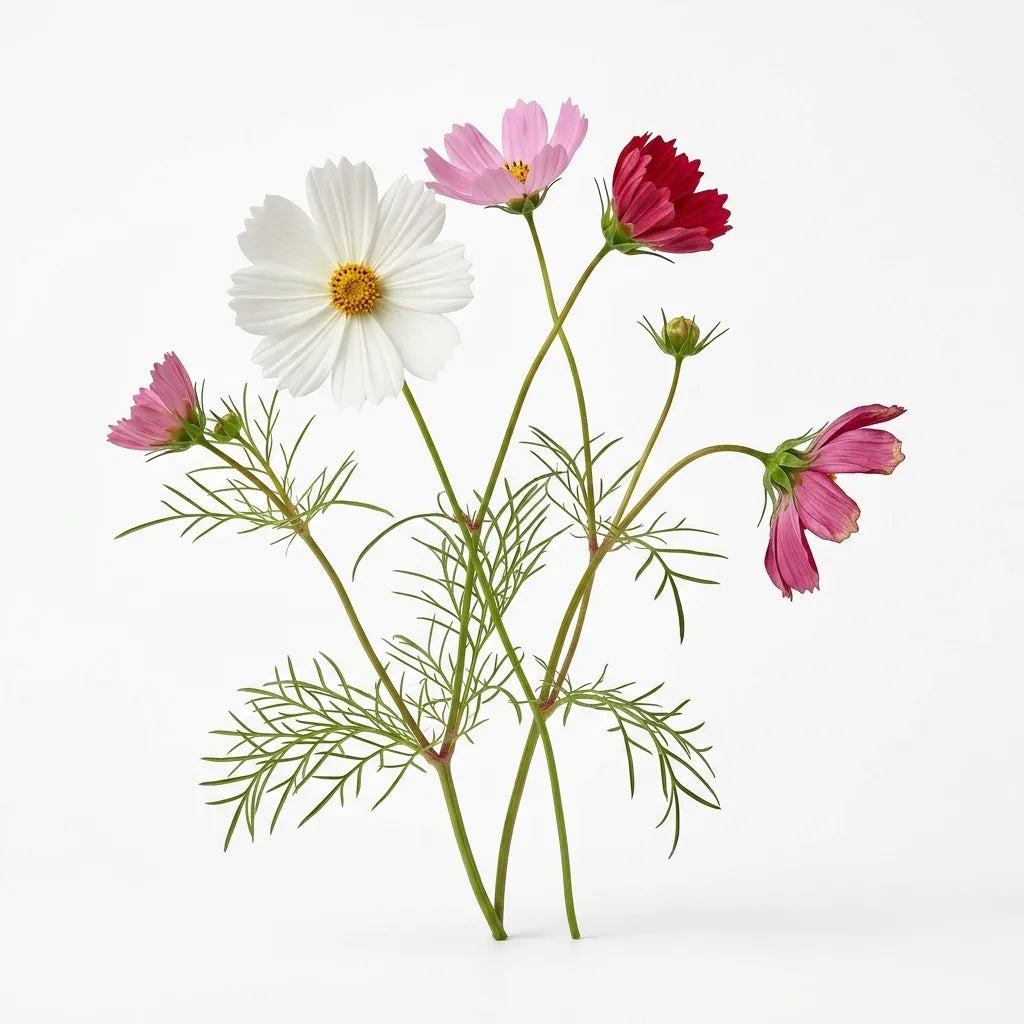 Cosmos blanc, rose et rouge (Cosmos bipinnatus) à différents stades, sur fond blanc — SemiSauvage