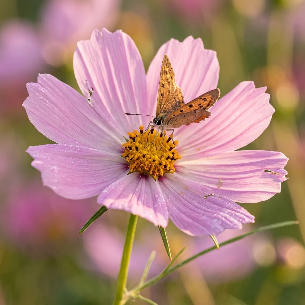 露に覆われたピンクのコスモス(Cosmos bipinnatus)の花にとまる蝶 - SemiSauvage