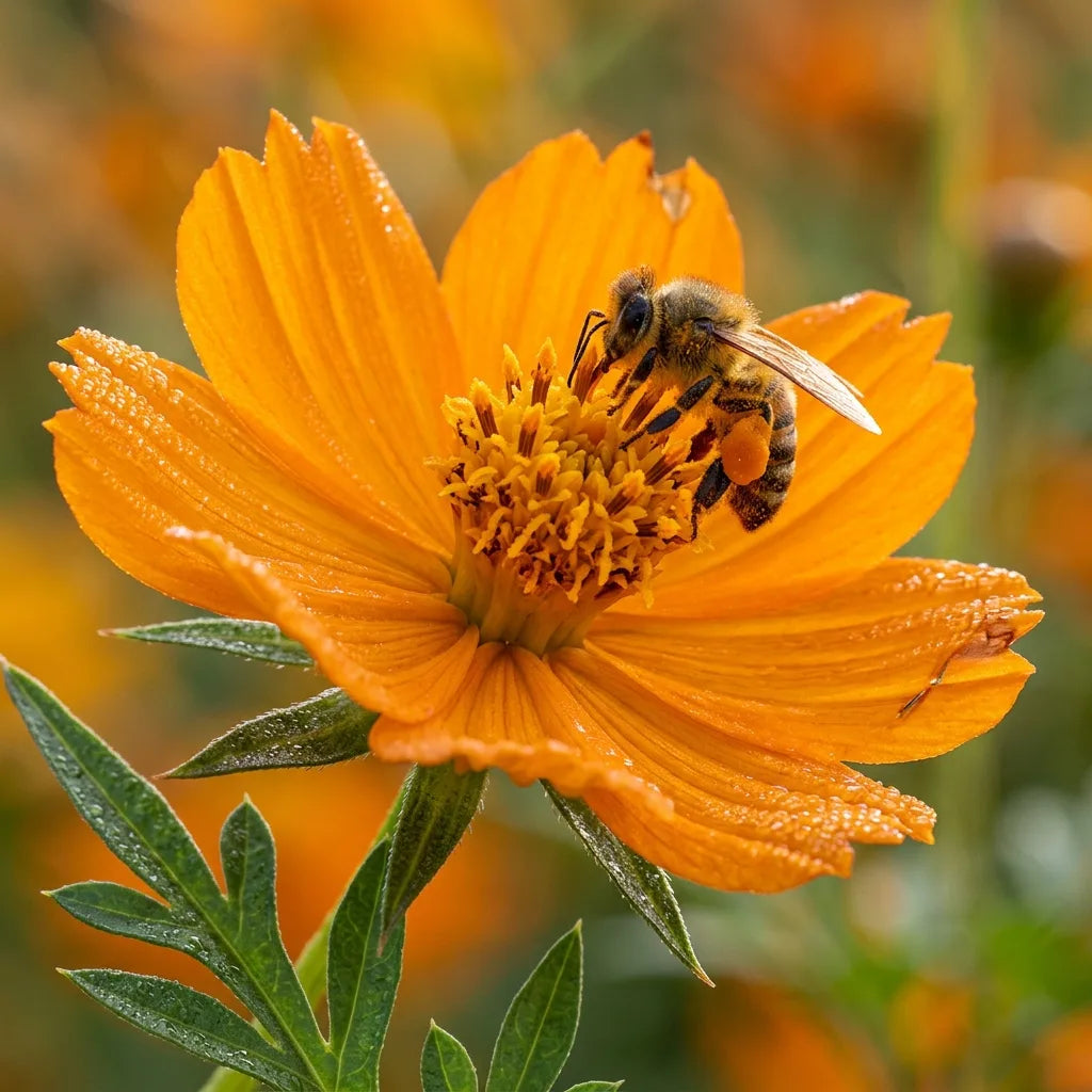 正在采蜜的蜜蜂与一朵橙色硫华菊(Cosmos sulphureus) — SemiSauvage