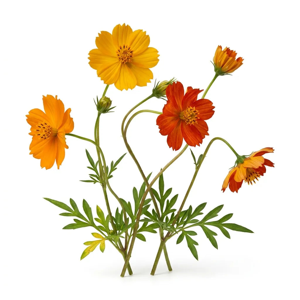 Cosmos jaune et orange (Cosmos sulphureus) à différents stades, sur fond blanc — SemiSauvage