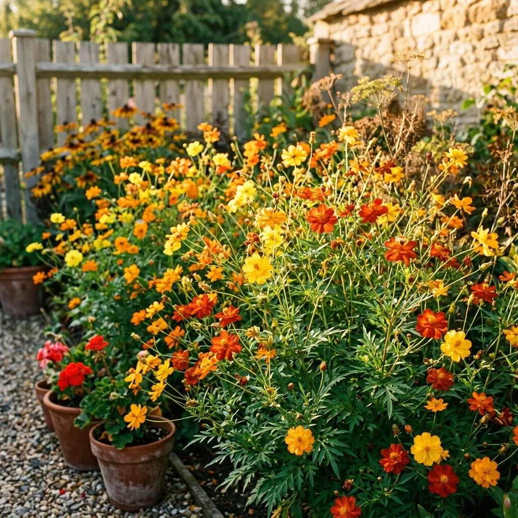 夏末的黄色和橙色硫华菊(Cosmos sulphureus)花丛 — SemiSauvage