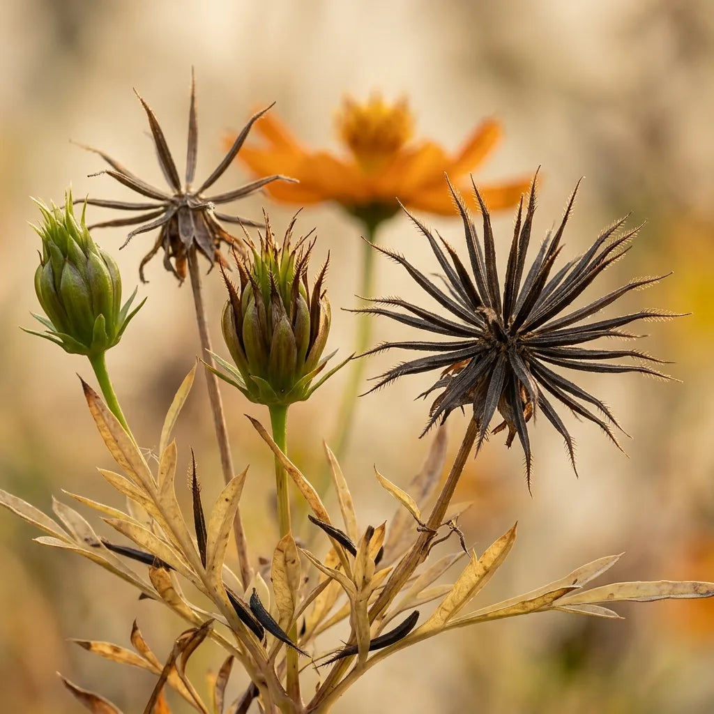 用于采集种子的成熟硫华菊(Cosmos sulphureus)种头 — SemiSauvage