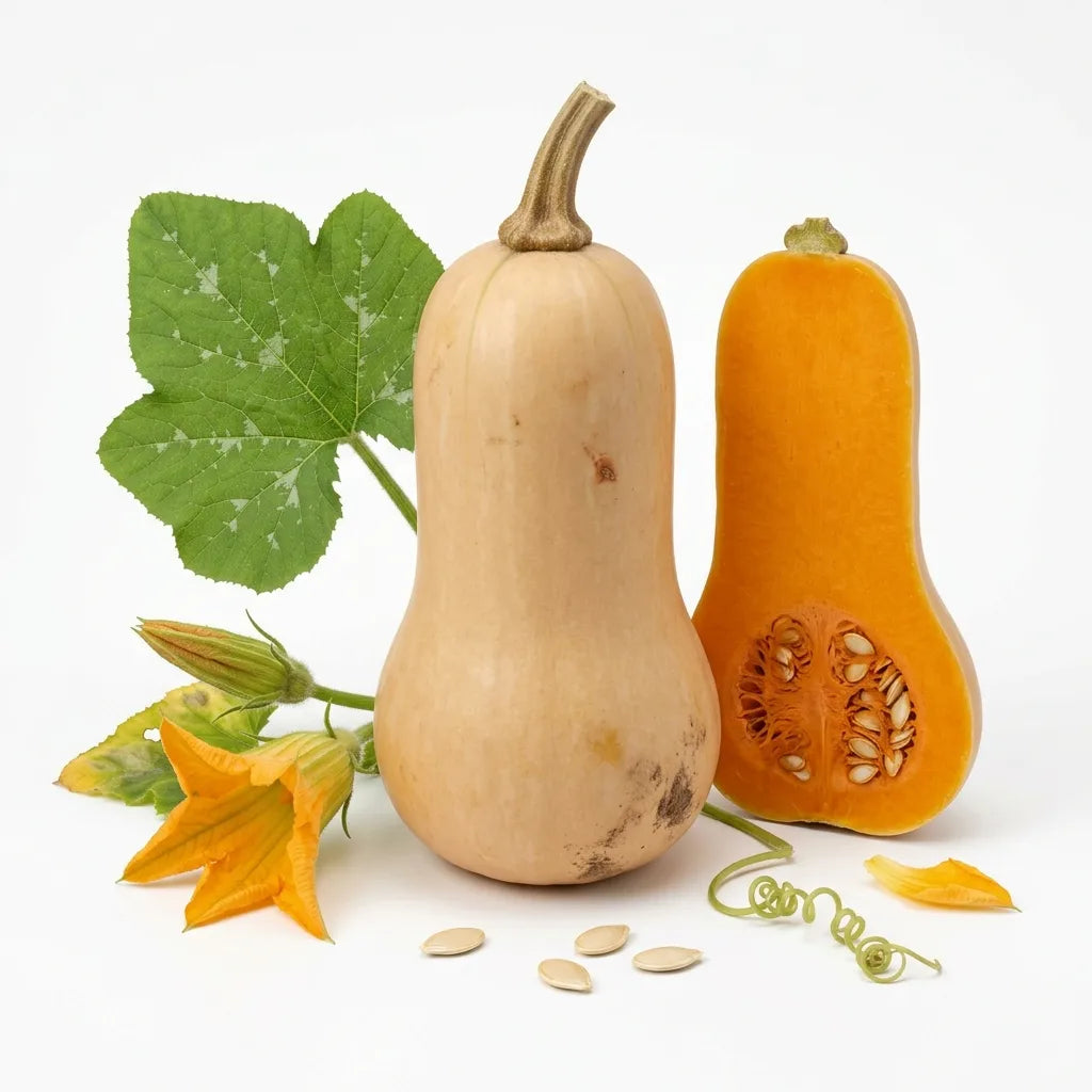 Courge butternut (Cucurbita moschata) entière et coupée, feuille et fleur, sur fond blanc — SemiSauvage
