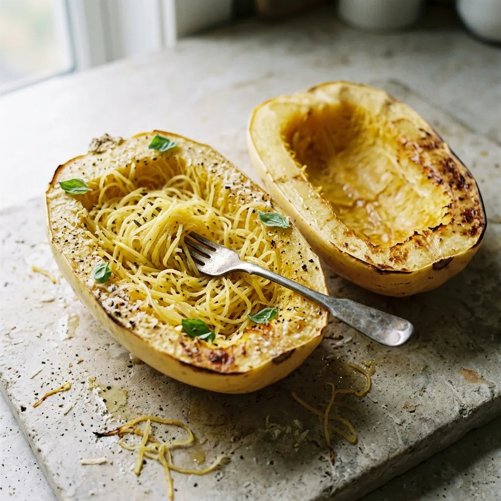 Chair de Courge Spaghetti rôtie raclée en longs filaments dorés servie dans sa demi-écorce — SemiSauvage
