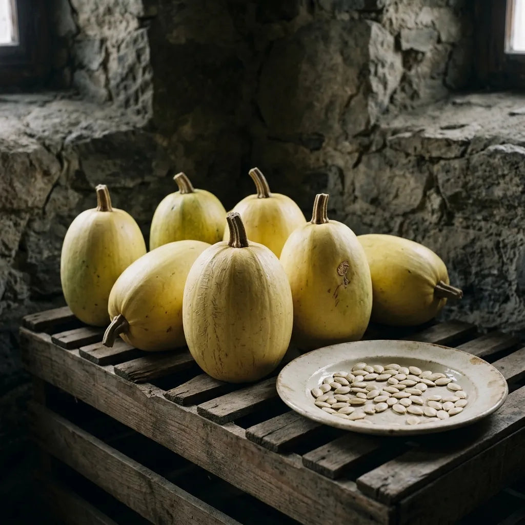 Courges Spaghetti conservées sur une claie en cellier de pierre et graines mises à sécher — SemiSauvage