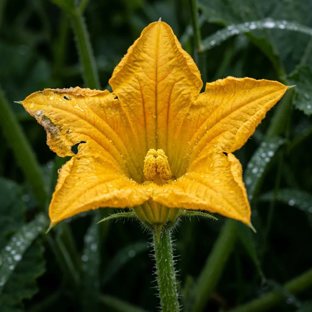Fleur mâle jaune d'or de Courge Spaghetti couverte de rosée au petit matin, macro — SemiSauvage