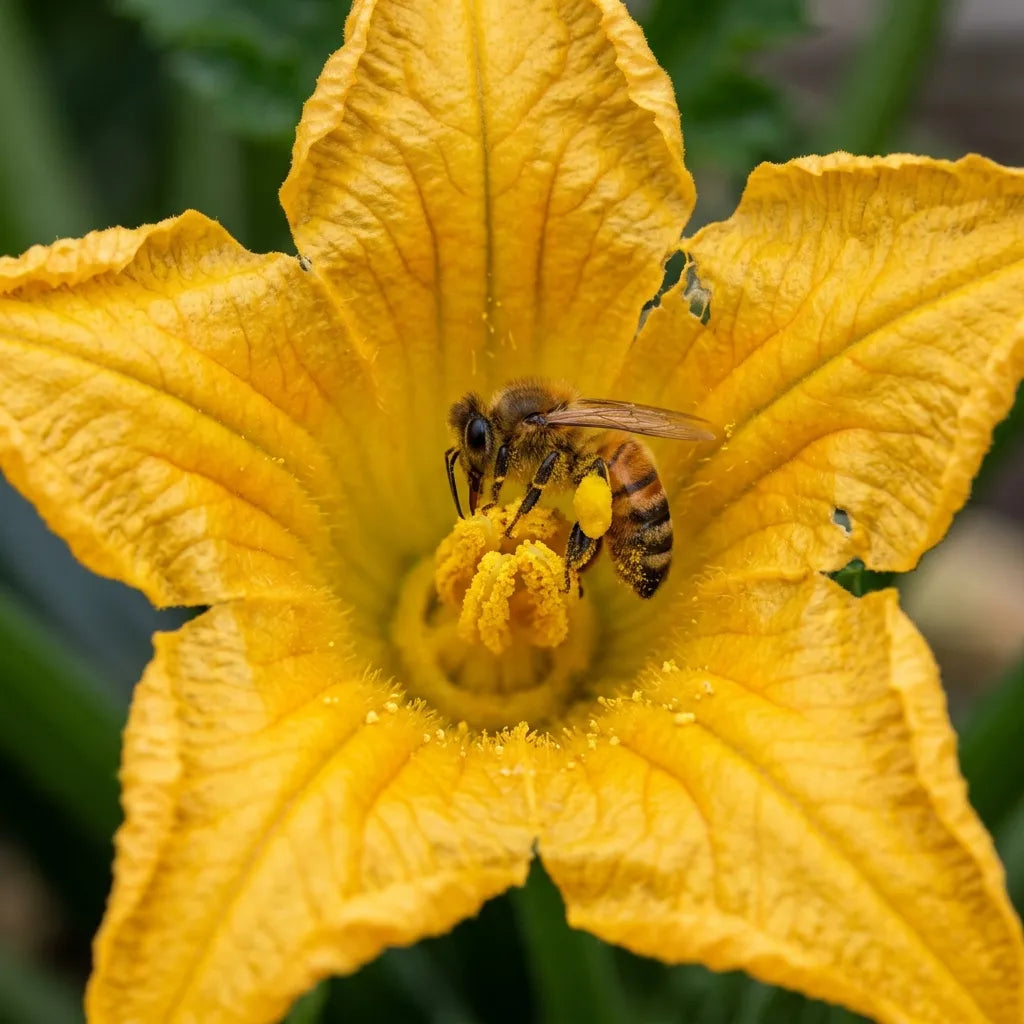 Abeille chargée de pollen au cœur d'une fleur mâle de courgette, plante mellifère — SemiSauvage