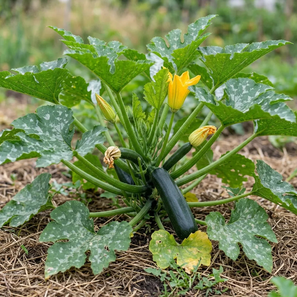Pied buissonnant de Courgette Black Beauty au potager, fruits vert sombre et fleur jaune — SemiSauvage