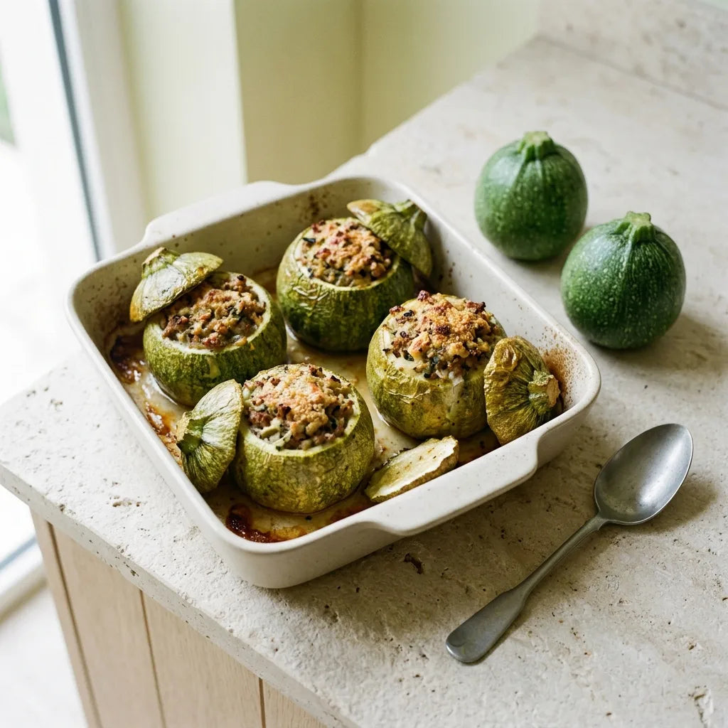 Baked stuffed round zucchinis, caps placed beside them - SemiSauvage