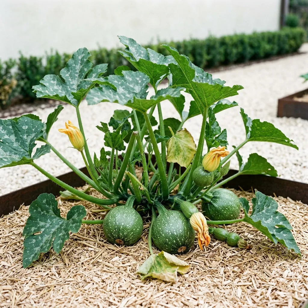 Round zucchini plant in production, spherical fruits resting on the mulch - SemiSauvage