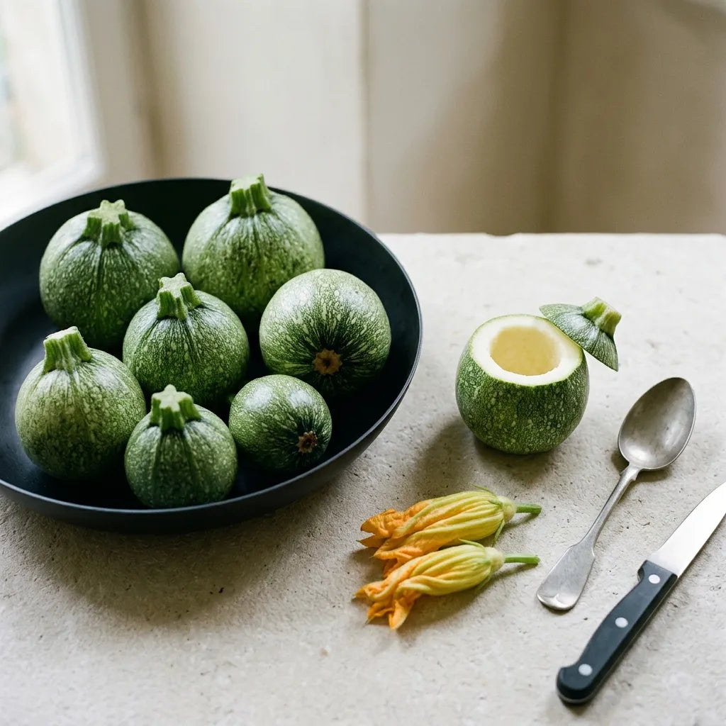 Harvest of round zucchinis, one with its top removed, ready to be stuffed - SemiSauvage