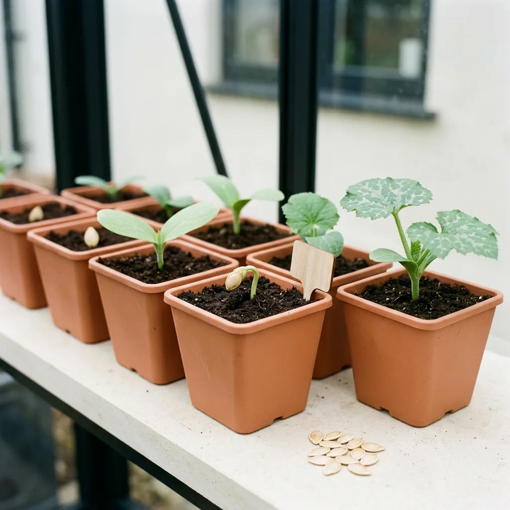 Round zucchini seedlings in pots: seed on its edge, cotyledons and first leaves - SemiSauvage