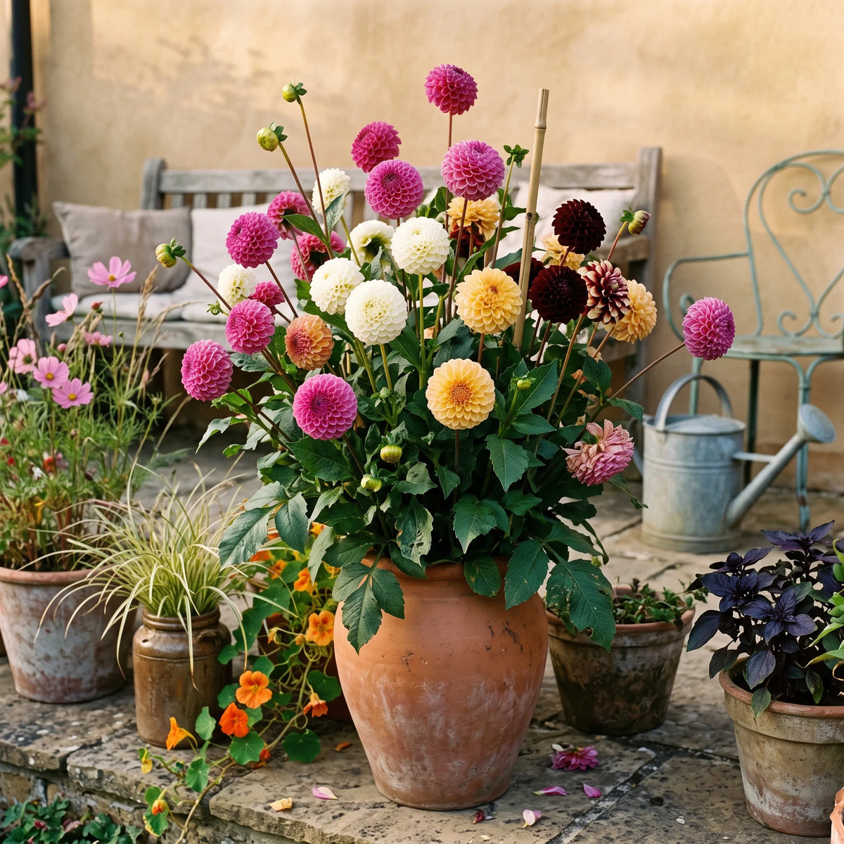 Dahlias pompons en grande potée sur une terrasse, en composition associée