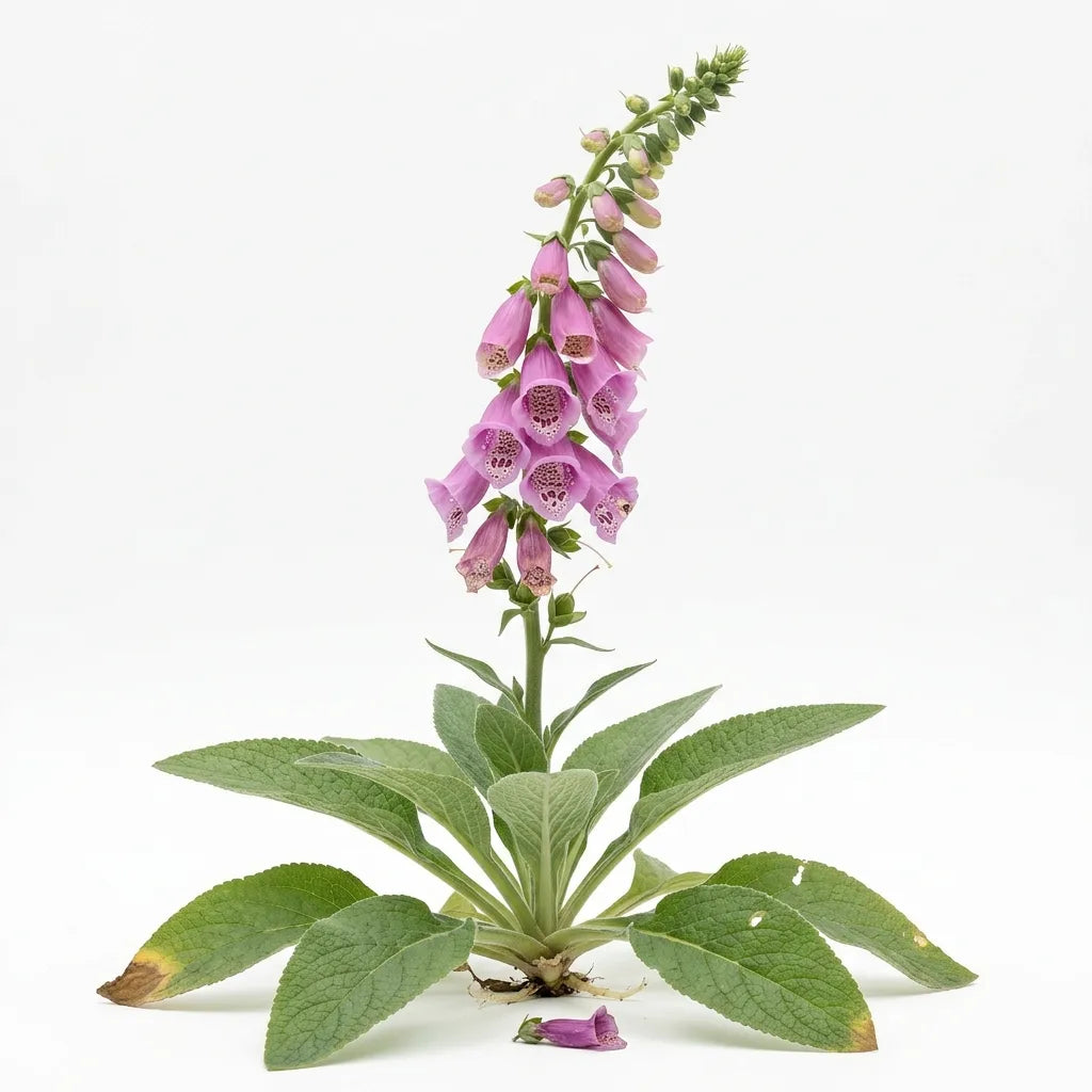 Plante entière de digitale pourpre (Digitalis purpurea) avec rosette et hampe florale sur fond blanc — SemiSauvage