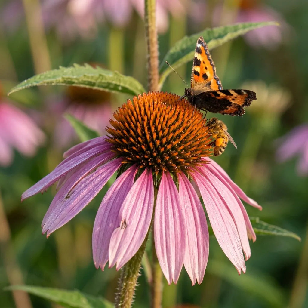 ムラサキバレンギク(Echinacea purpurea)の花にとまるチョウとハチ— SemiSauvage