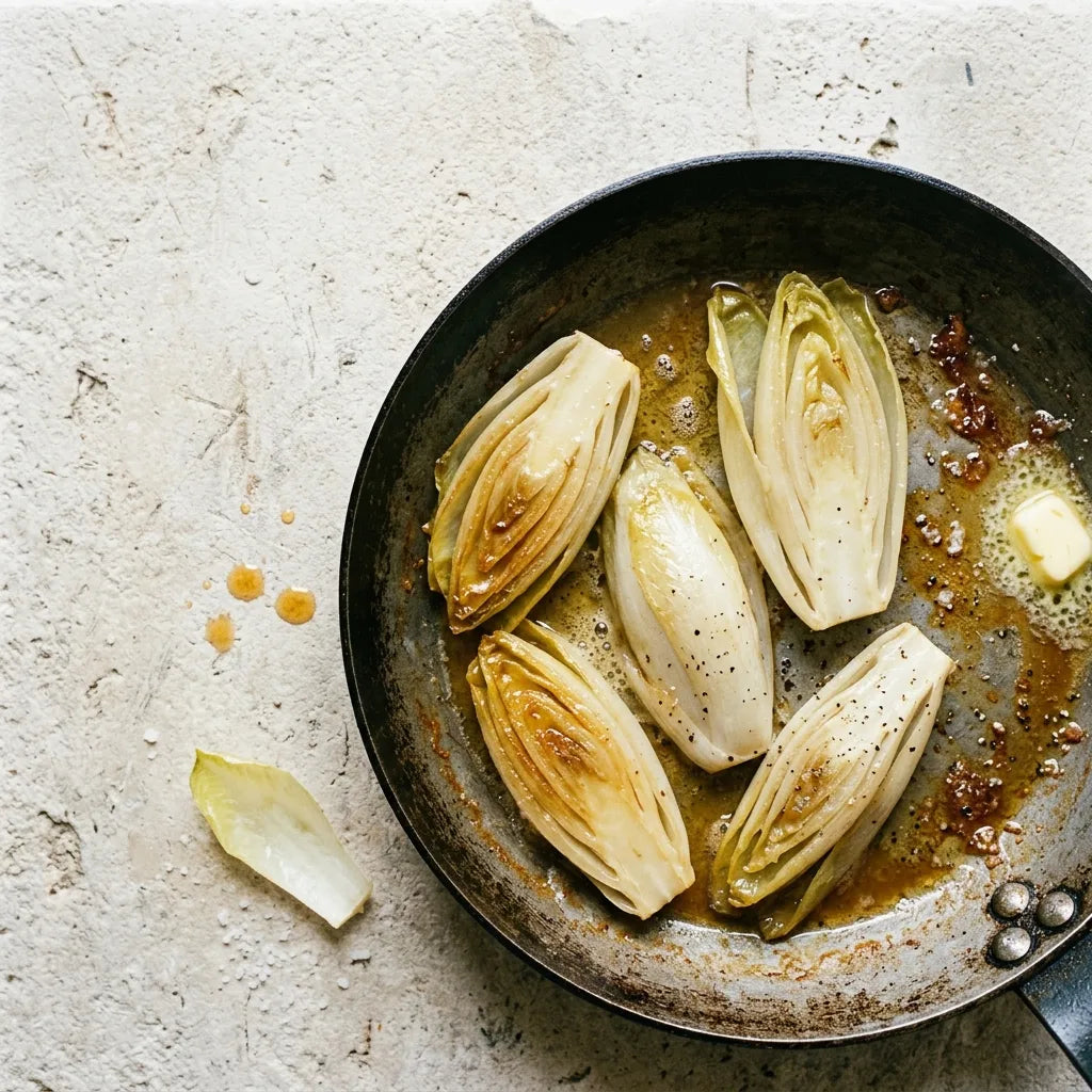 Endives fendues et braisées au beurre dans une poêle d'acier noir, légèrement caramélisées — SemiSauvage