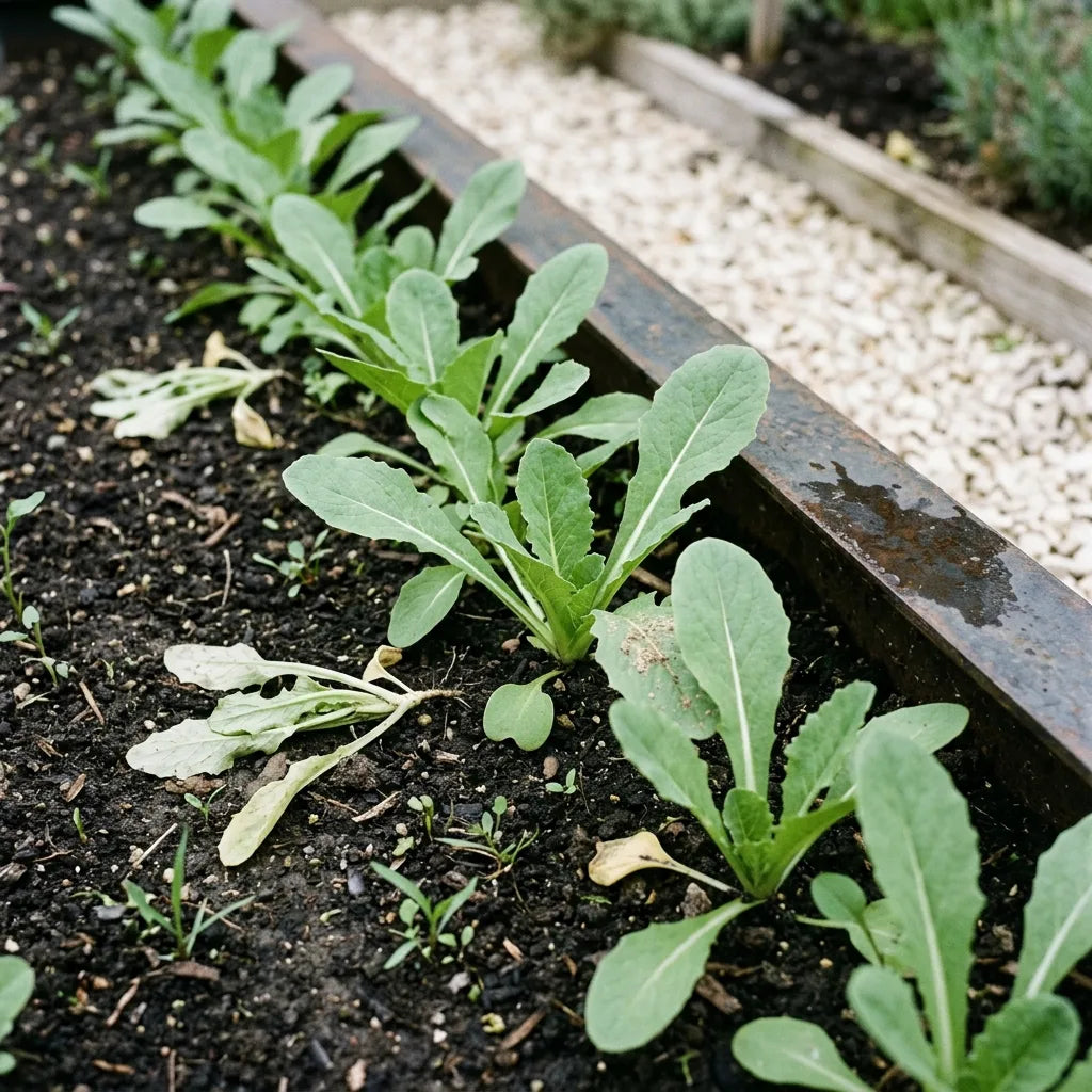 Jeunes plants d'endive en semis direct au stade de l'éclaircissage, premières feuilles à nervure blanche — SemiSauvage