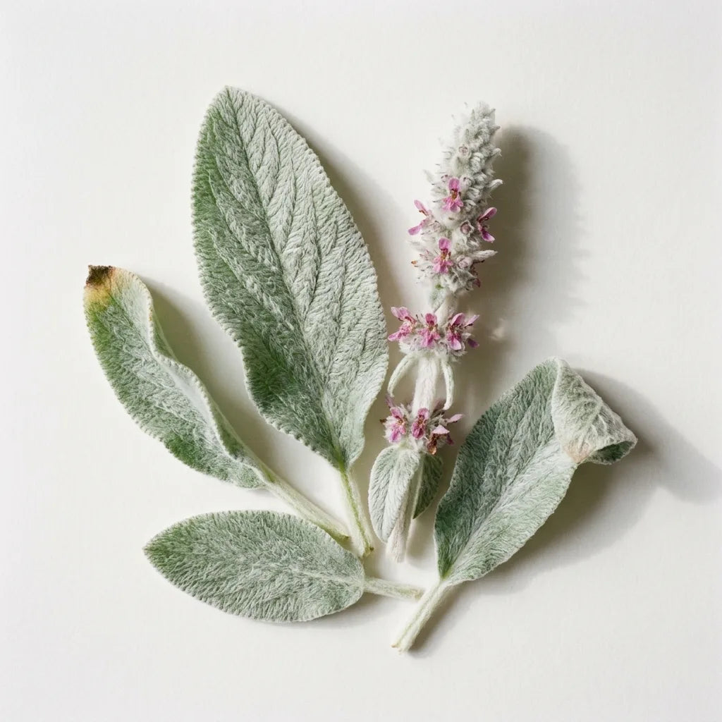 Épiaire laineuse oreille de lapin (Stachys byzantina) sur fond blanc : feuilles argentées duveteuses et épi rosé — SemiSauvage