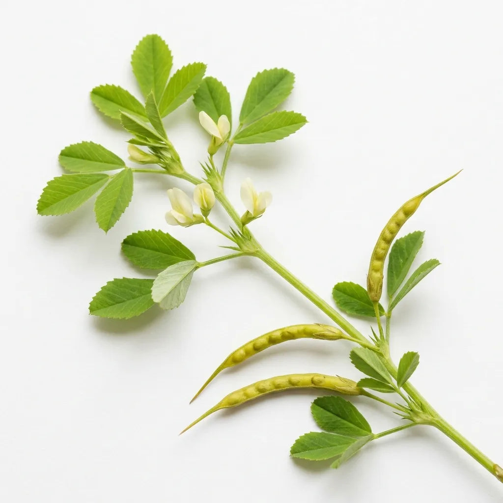 Tige de Fenugrec (Trigonella foenum-graecum), feuilles trifoliolées, fleurs crème et gousses arquées, sur fond blanc — SemiSauvage