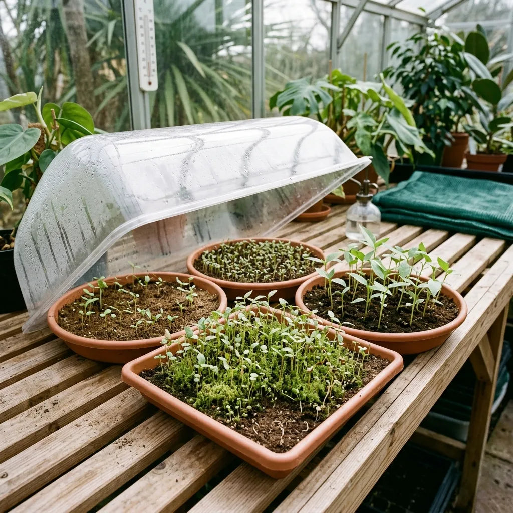 Semis de figuier pleureur (Ficus benjamina) en terrines sous mini-serre — SemiSauvage