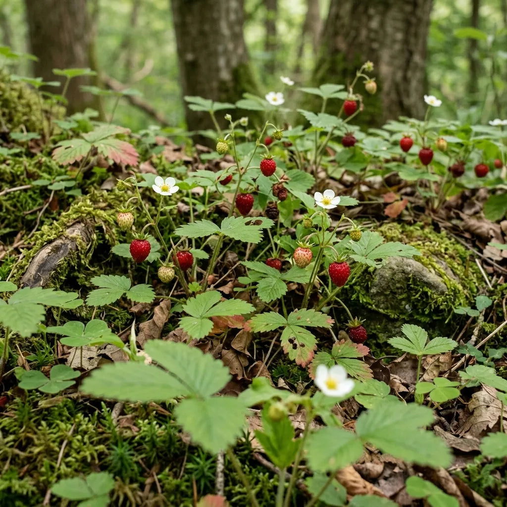Fraises des bois (Fragaria vesca) sauvages sur un talus de sous-bois — SemiSauvage